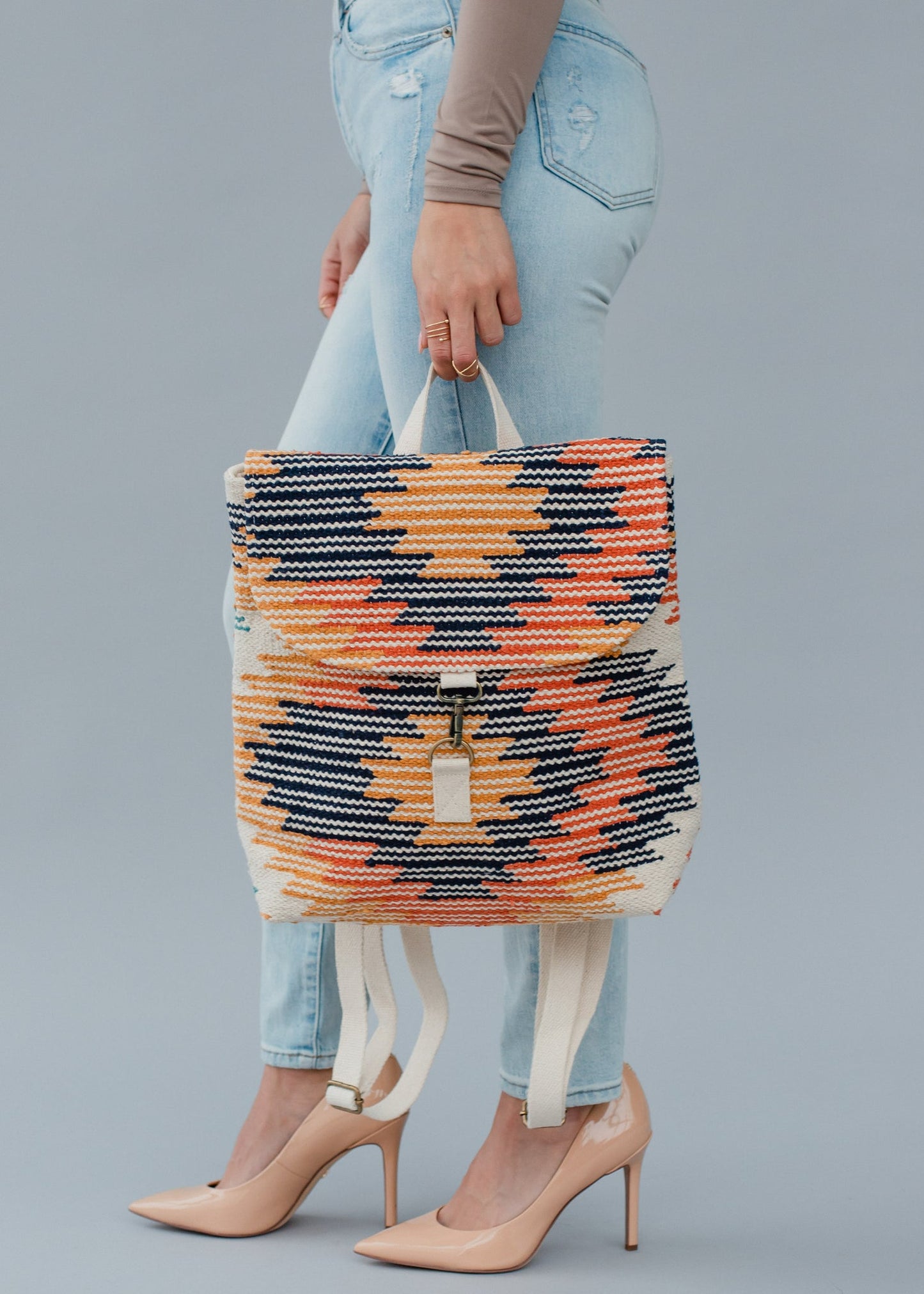 Cream, Navy & Orange Aztec backpack