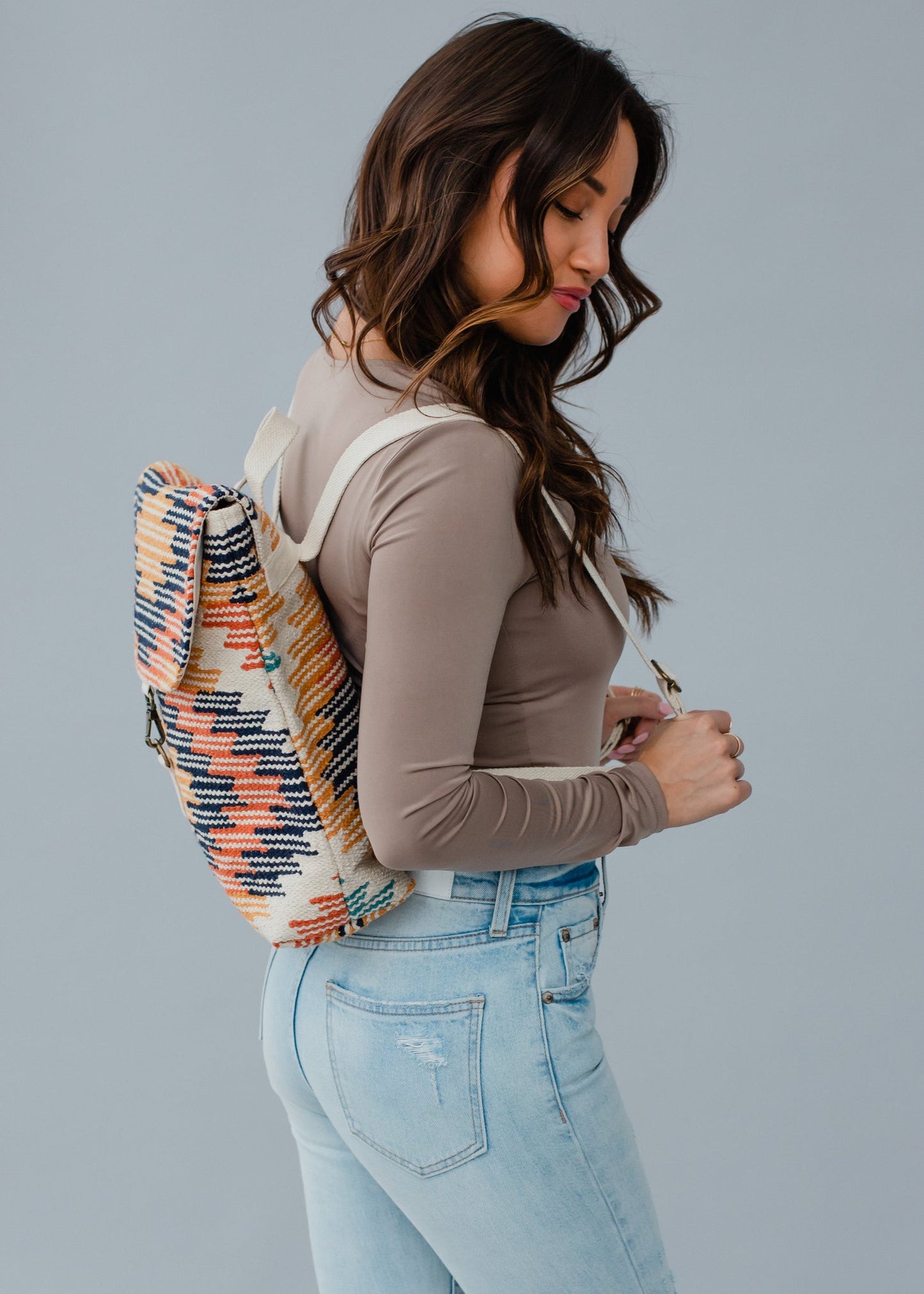 Cream, Navy & Orange Aztec backpack