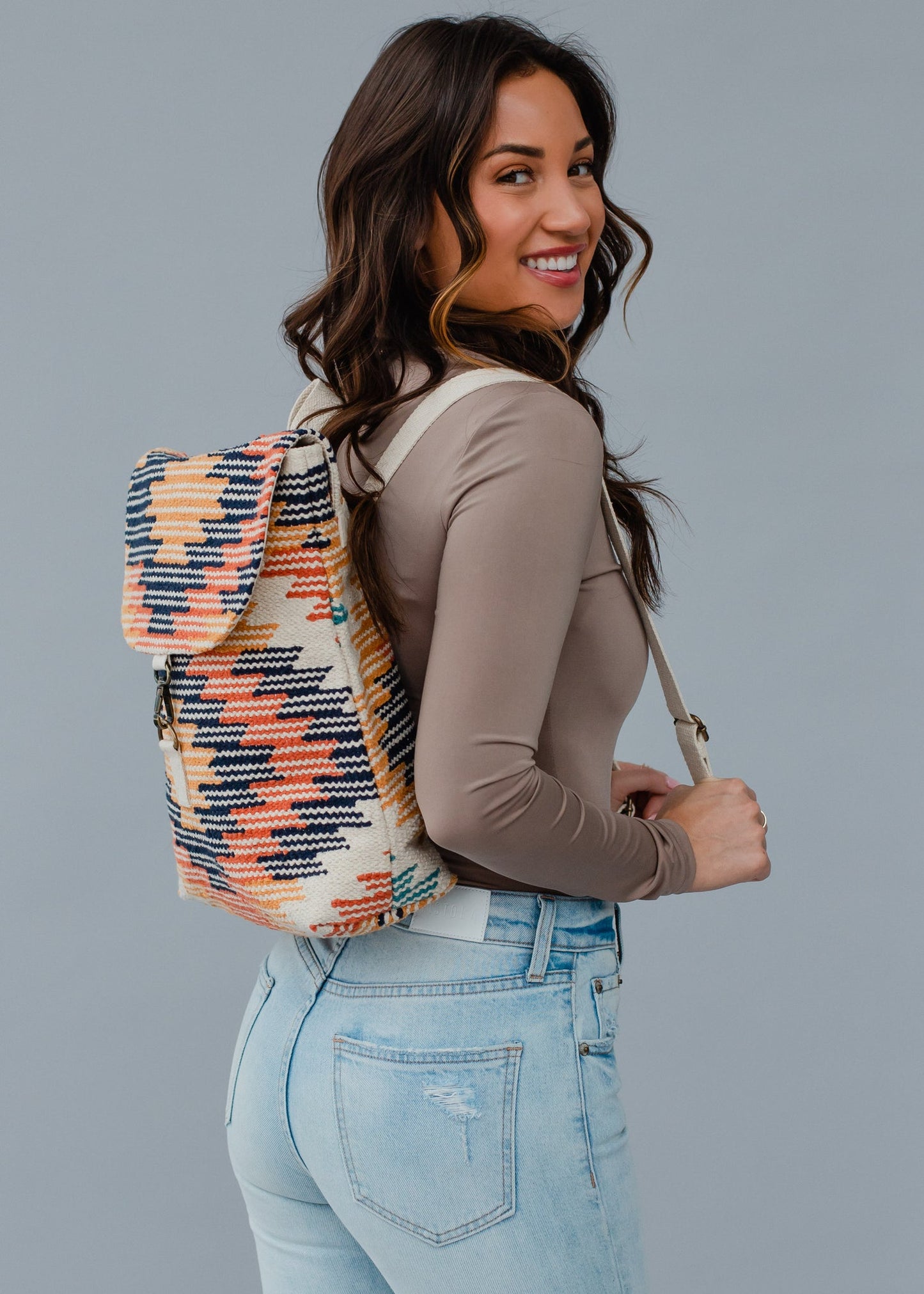 Cream, Navy & Orange Aztec backpack