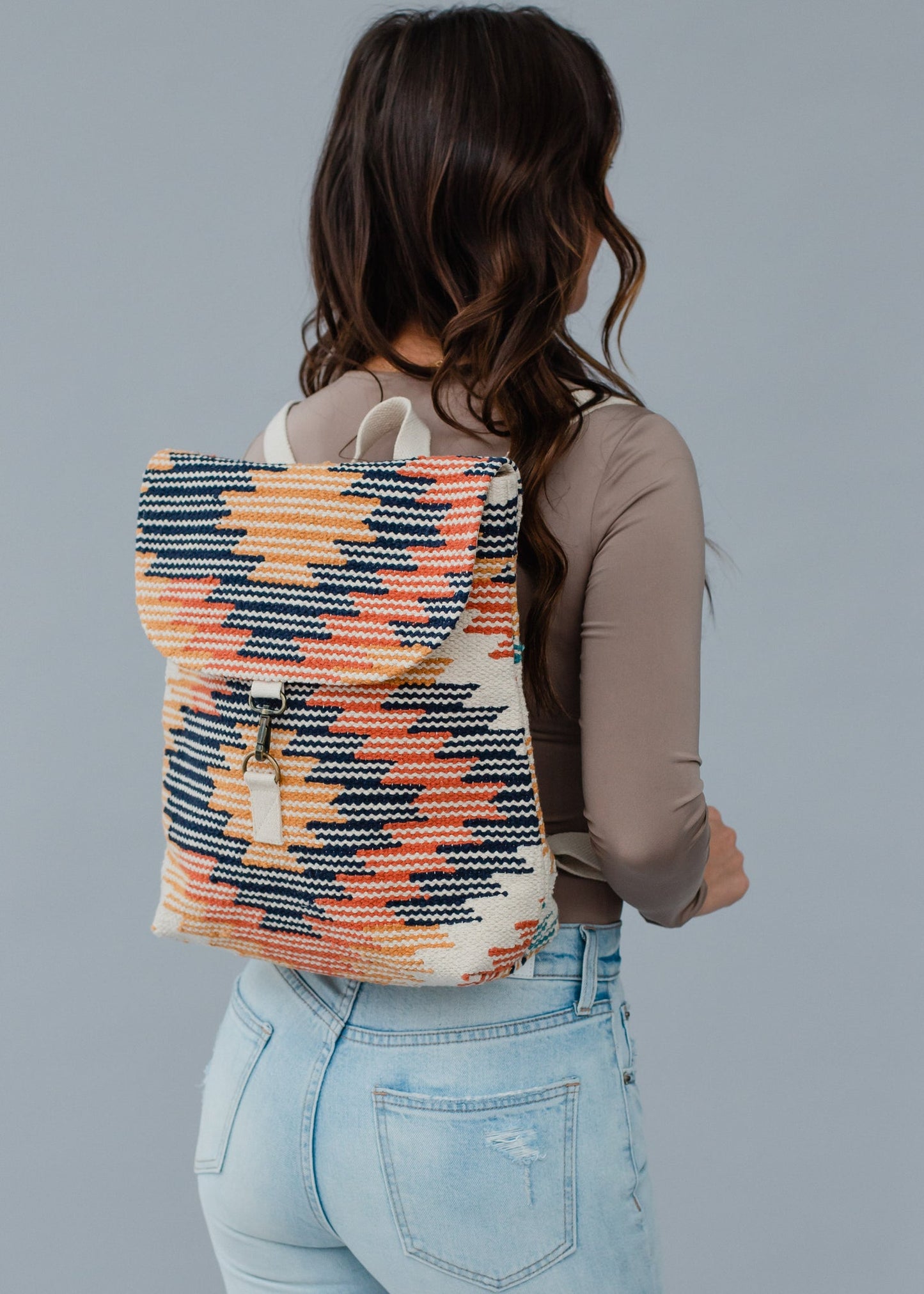 Cream, Navy & Orange Aztec backpack