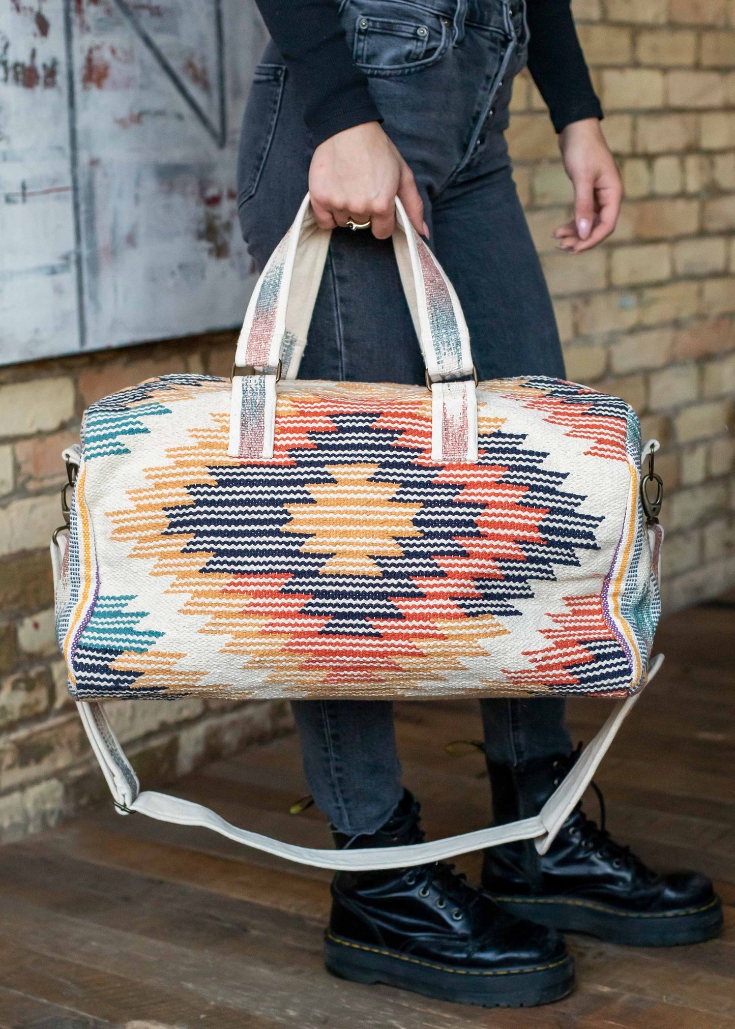 Cream, Multicolored Aztec Inspired Duffel