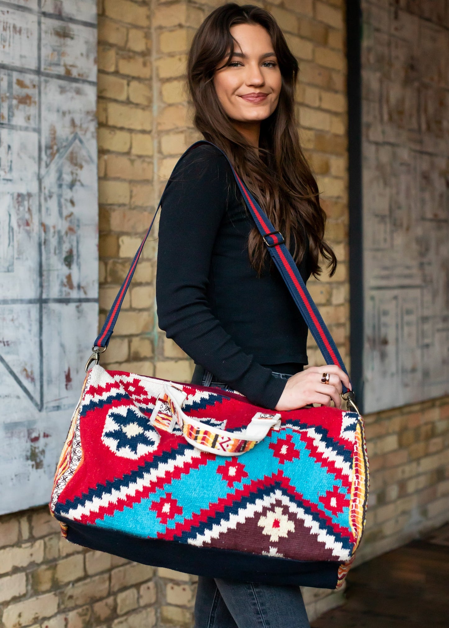 Red with Multicolored Aztec Inspired Duffel